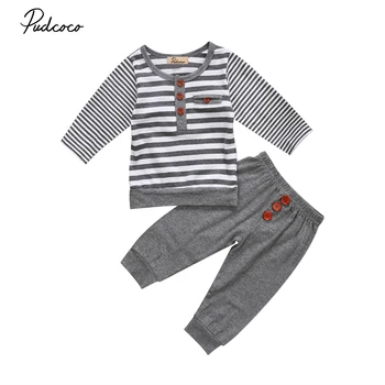 

2019 Brand New Newborn Toddler Kids Baby Boy Girl Infant Cotton Clothes Long Sleeve Top T Shirt Pants Striped Outfit 2Pcs Sets