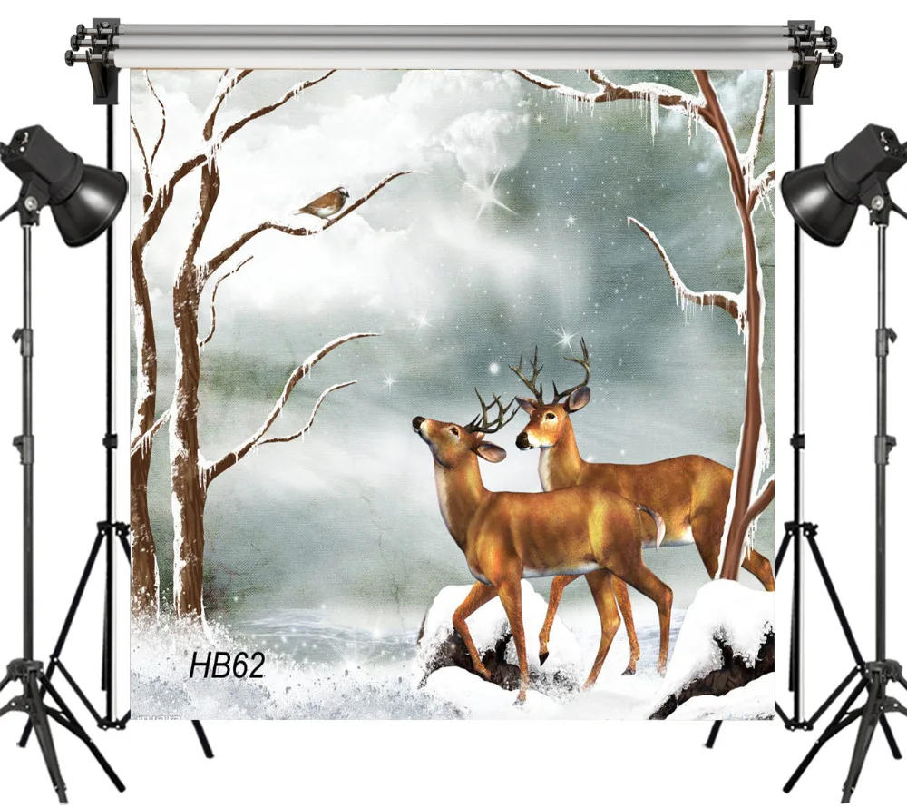 

LB Polyester & Vinyl Studio Backdrop Photography Photo Props Photographic Background Two Elk In Winter Snow Wonderland Decor
