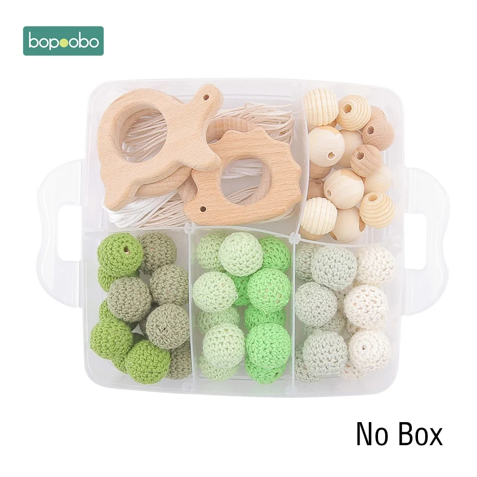 Bopoobo 1Set Baby Teether DIY Silicone Beads Pacifier Clip Chain Baby Mobile Wool ball BPA Free Wooden Crochet Beads Teether - Цвет: Green Crochet Set-1