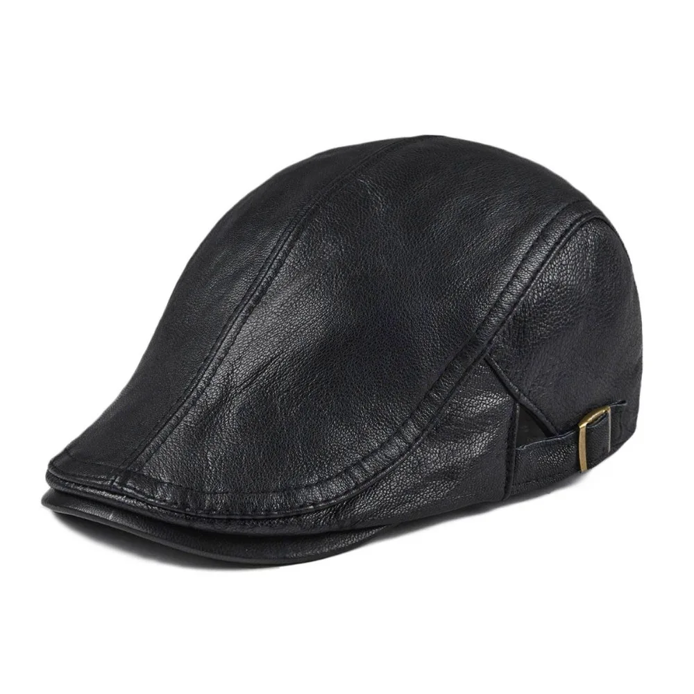 VOBOOM Black Leather Flat Cap Men Women Spring Summer Autumn Sheepskin Beret Adjustable Breathable Soft Cabbie Newsboy Hat 121