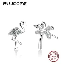 Blucome Настоящее серебро 925 проба с птицами на дереве для Форма Стад Серьги с кубическим украшения с цирконами Для женщин девочек вечерние праздничные аксессуары подарок