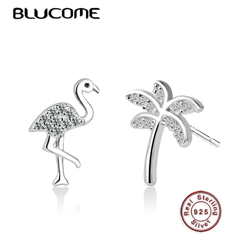

Blucome Real 925 Sterling Silver Bird Tree Shape Stud Earrings Cubic Zircons Jewelry Women Girls Party Holiday Accessories Gift