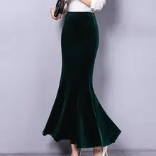 Осенняя зимняя теплая черная юбка макси Женская винтажная бархатная длинная юбка-Русалка размера плюс элегантная велюровая юбка-труба