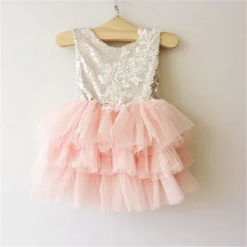 

backless big bow girls layered dress gold sliver sequin top dresses with lace flower for wedding and birthday