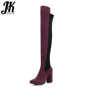 

JK Thick High Heels Women Boots Winter Over The Knee Stretch Boot Pointed Toe Flock Footwear Fashion Lady Shoes 2018 New Shoes