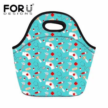 

FORUDESIGNS Neoprene Lunch Bag For Women Cartoon Nurse and Friends Picnic Handbag with Tableware Pocket Children Kid Baby Snacks
