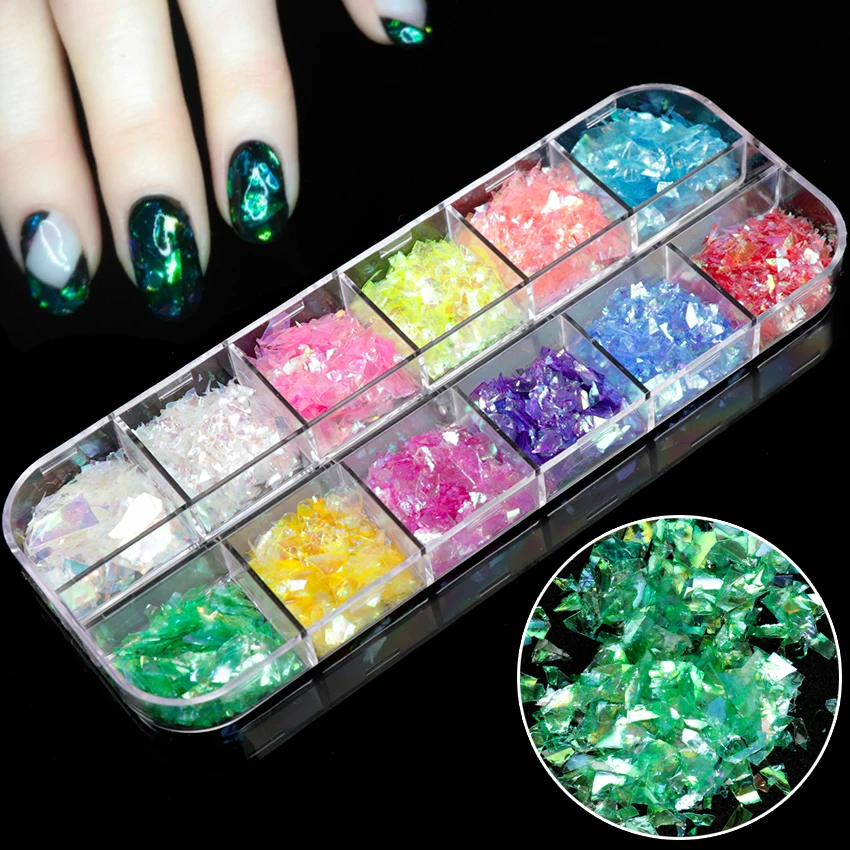 

Born Queen Nail Art Decoration Nail Glitter 12 Candy Color Mixed Ice Mylar Shell Foils Flakes 3D Manicure Nails Tips Decorations