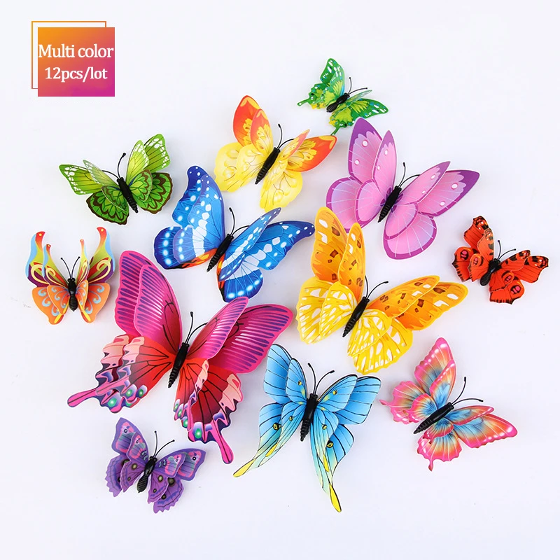 Разноцветные 3D двухслойные настенные Стикеры с бабочками для украшения дома, настенные наклейки с бабочками, вечерние наклейки для гостиной, спальни - Цвет: multi color