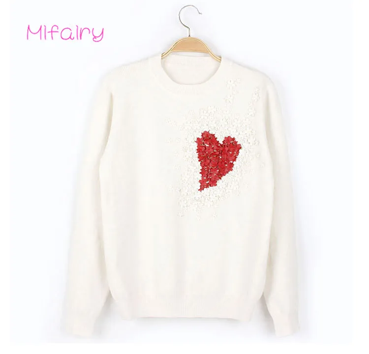 Free Shipping 2017 Black/White Long Sleeves Women's Pullovers Hearts Beads Applique Sweaters S001 | Женская одежда