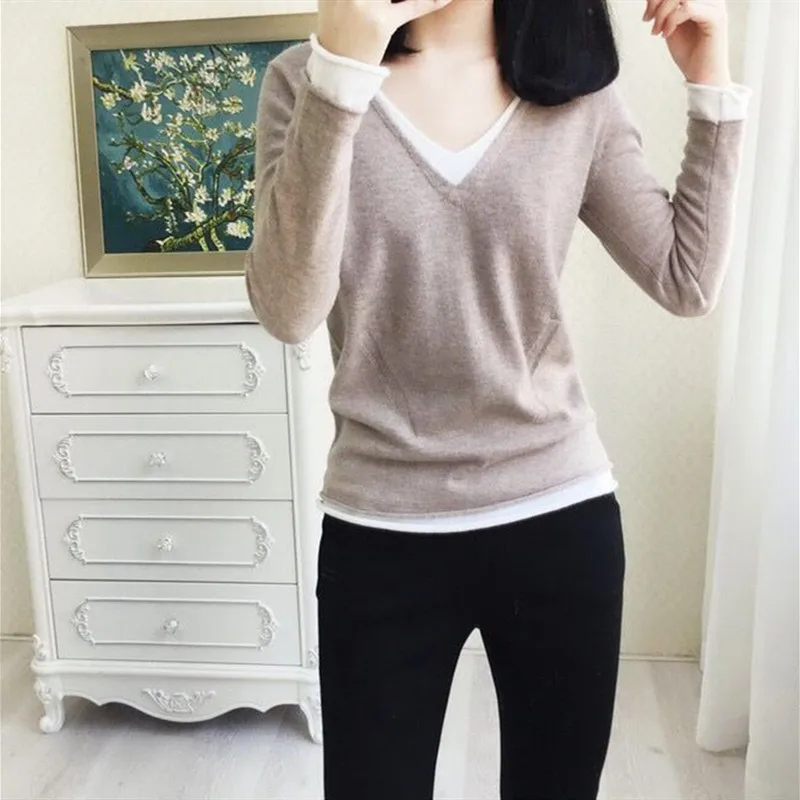 LHZSYY Spring Autumn New Women's V-Neck Cashmere sweater Fashion Stitching Bottoming Shirt Knit Pullover Wool Wild Warm Sweater