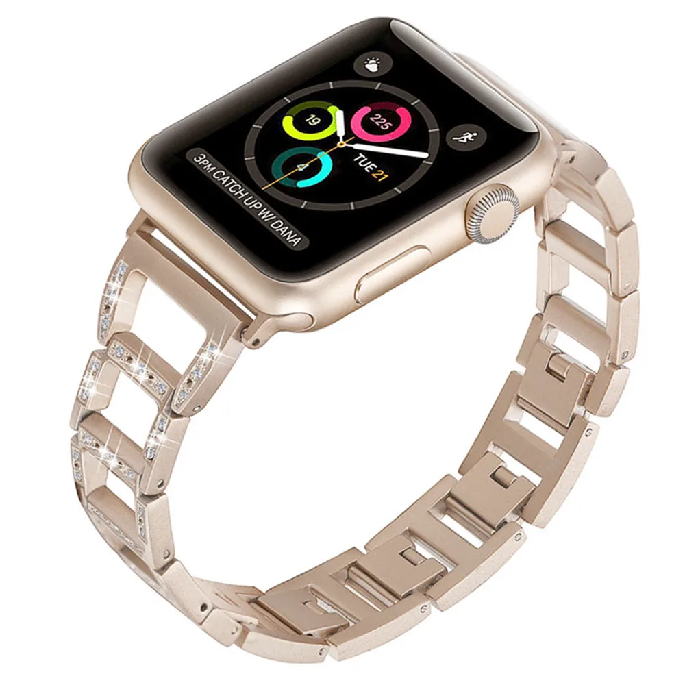 Для женщин бриллиантовый браслет для наручных часов Apple Watch, версии 5 4 3 2 1 Нержавеющая сталь ремешок для наручных часов iWatch, 40/44/38/42mm женские часы с металлическим ремнем - Цвет ремешка: Champagne gold