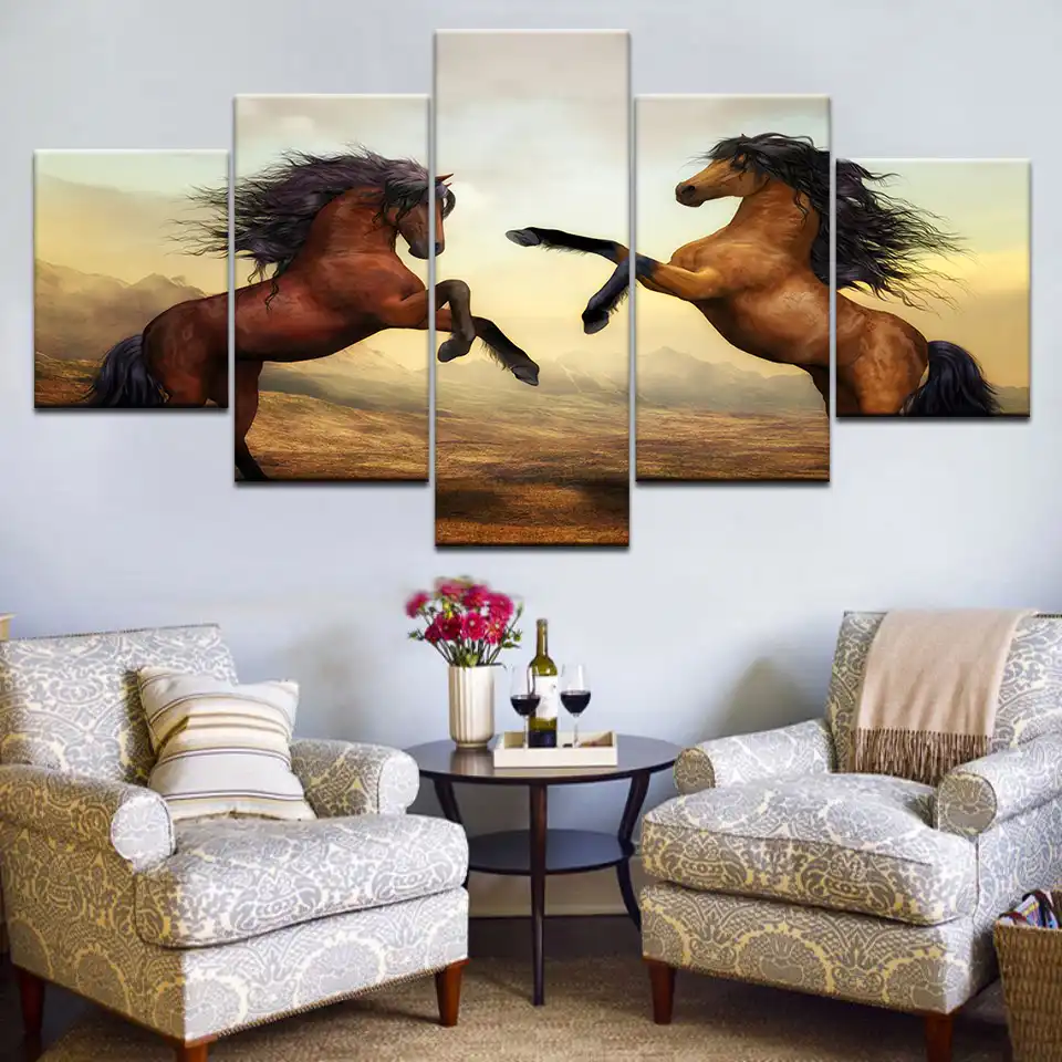 Hd Impreso 5 Piezas Modular Lienzo Arte Negro Marron Caballo