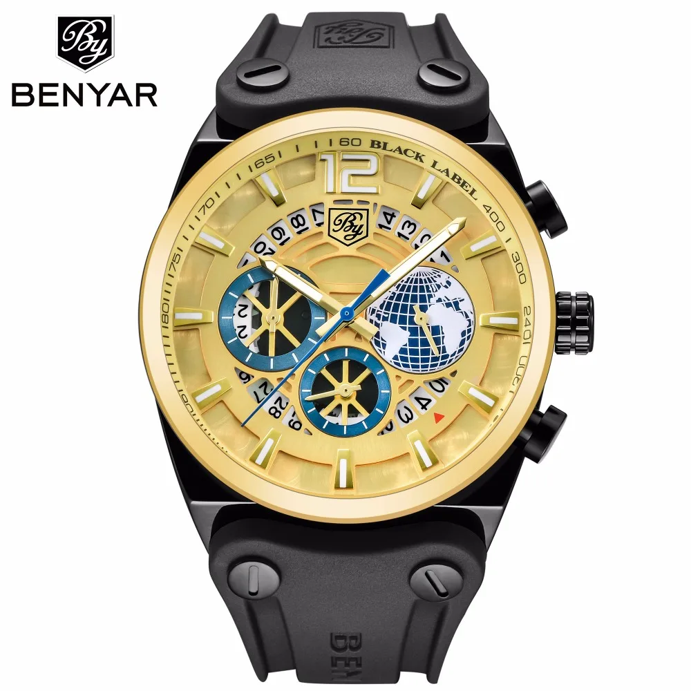 

BENYAR Gold Luxury Watch Men Quartz Wristwatch Silicone Band Waterproof Sports Watches Chronograph Mens Clock relogio masculino