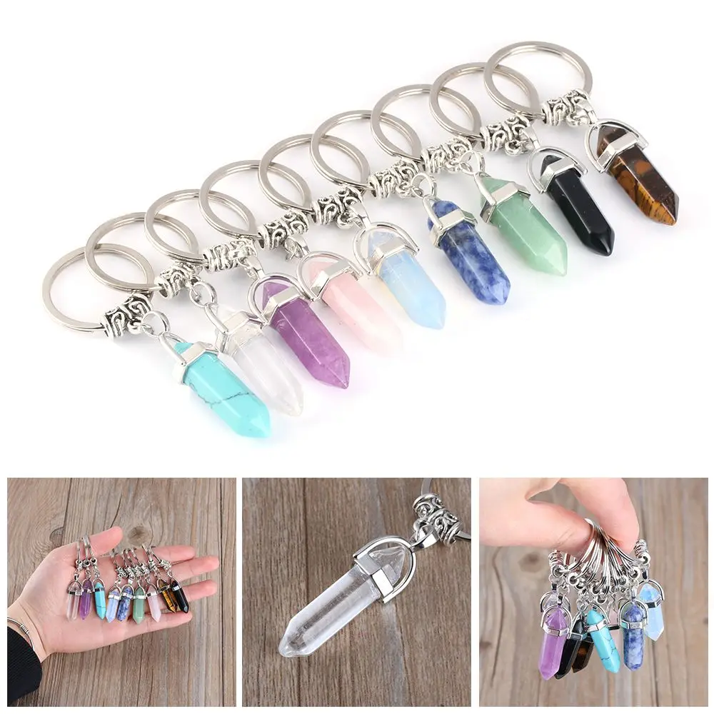 

1 Pc Fashion Natural Stone Pendant Keychain Natural Quartz Stone Key Rings Pink Crystal Key Chains Accessories Jewelry Gift