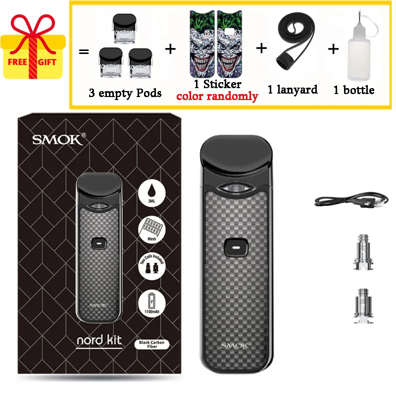 Black Carbon Стартовый набор Smok Nord Pod, аккумулятор 1100 мАч, 3 мл, форсунка картриджа, катушка Nord Mesh, электронная сигарета, испаритель - Цвет: Black Carbon