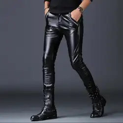 Плюс бархатные мотоциклетные брюки из искусственной кожи мужские теплые шаровары модные брюки из искусственной кожи для мужчин pantalon homme