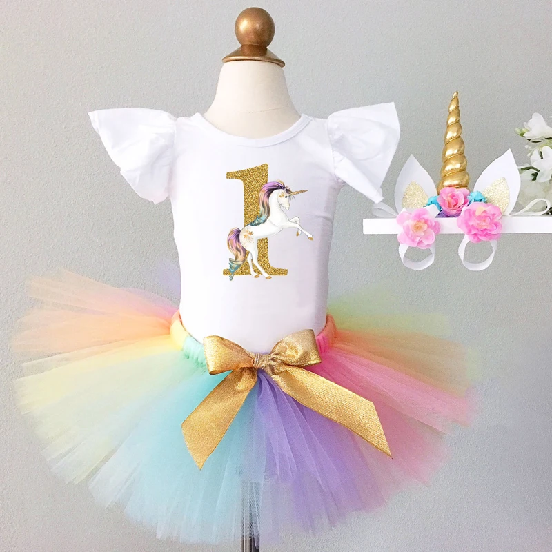 Платье для первого дня рождения для маленьких девочек одежда Единорог Платье InfantParty наряды 12 месяцев малышей Юбки-пачки для девочек повязка на голову