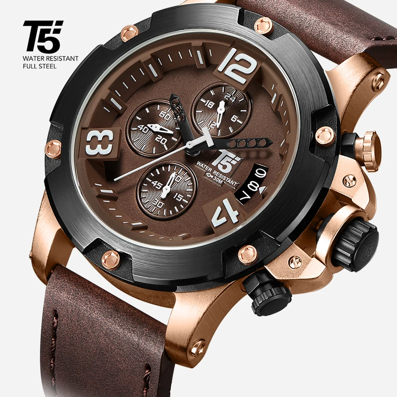 Розовое золото кожаный ремешок T5 роскошный черный бренд Мужские кварцевые хронограф водонепроницаемые мужские s часы спортивные часы мужские наручные часы