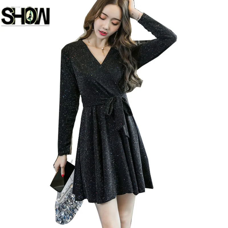 

A Line Dress Women Fashion Long Sleeve vestidos de verano Elegant Office Lady Bow Tie Glitter Bling Little Black Mini Dress 2911