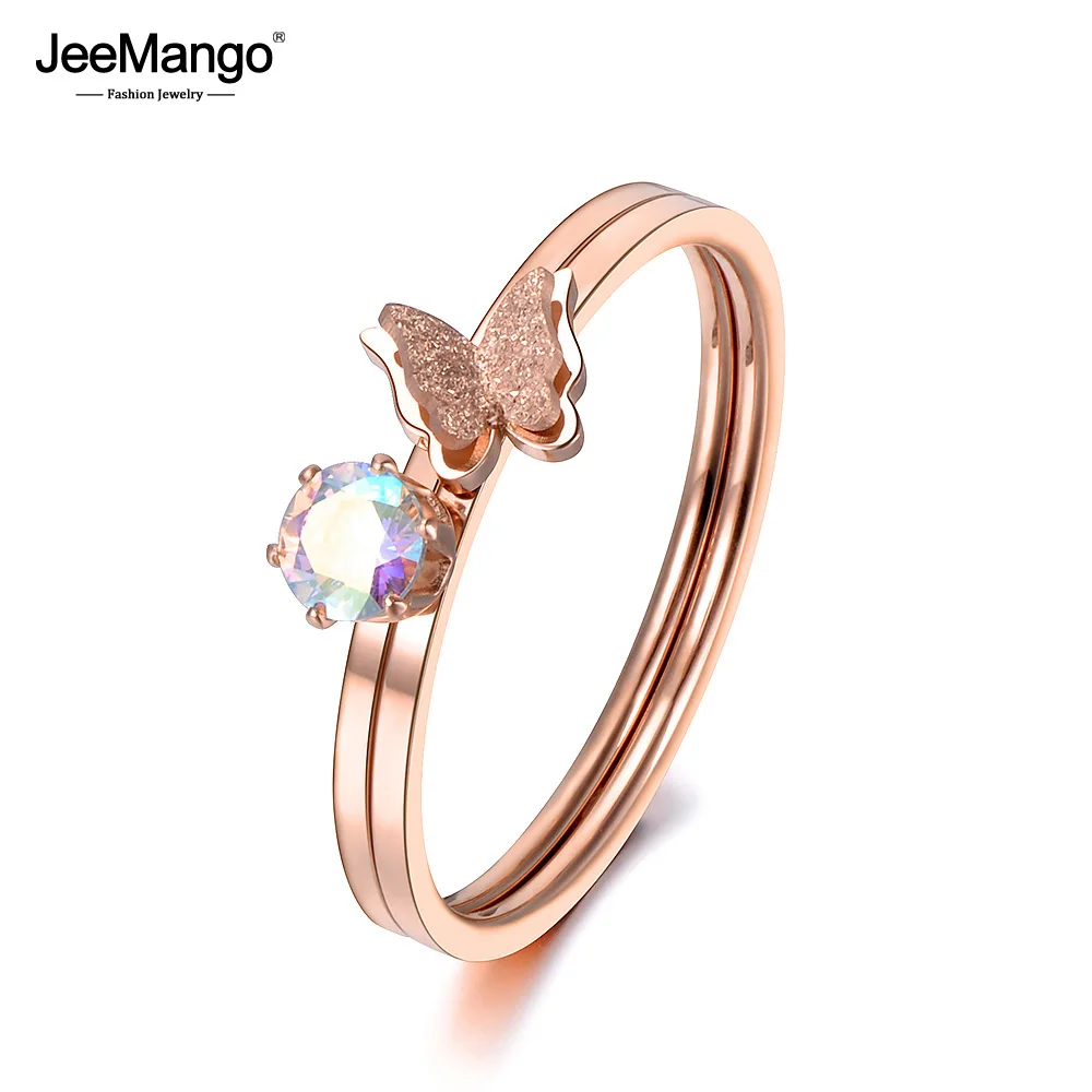 

JeeMango Stainless Steel 2 In 1 Rings Buttfly Colored Zircon Ring Cute Rose Gold Color Jewelry For Valentine's Day Gift JR18141