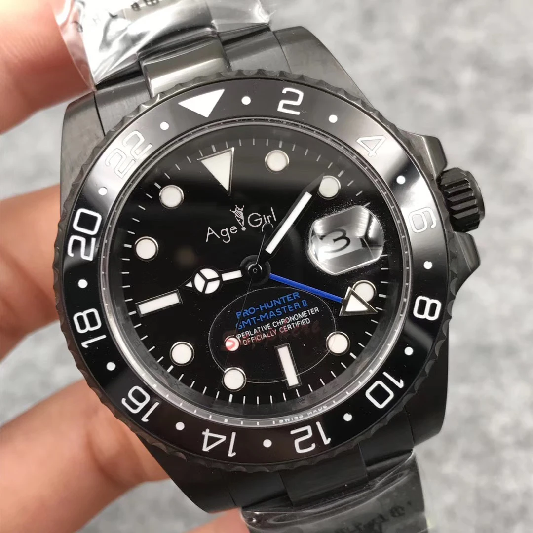 

Luxury Brand New Men Automatic Mechanical Full Black Case Blue Green Hand Limited Ceramic GMT Stainless Steel Sapphire Watch