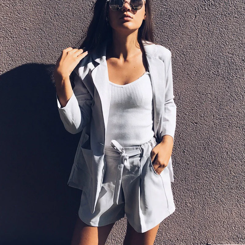 

Cotton Linen Autumn Suit Female 2 Pieces Set Tracksuit for Women Loose Blazer & Bow Elastic Waist Short Pant Suits High Quality