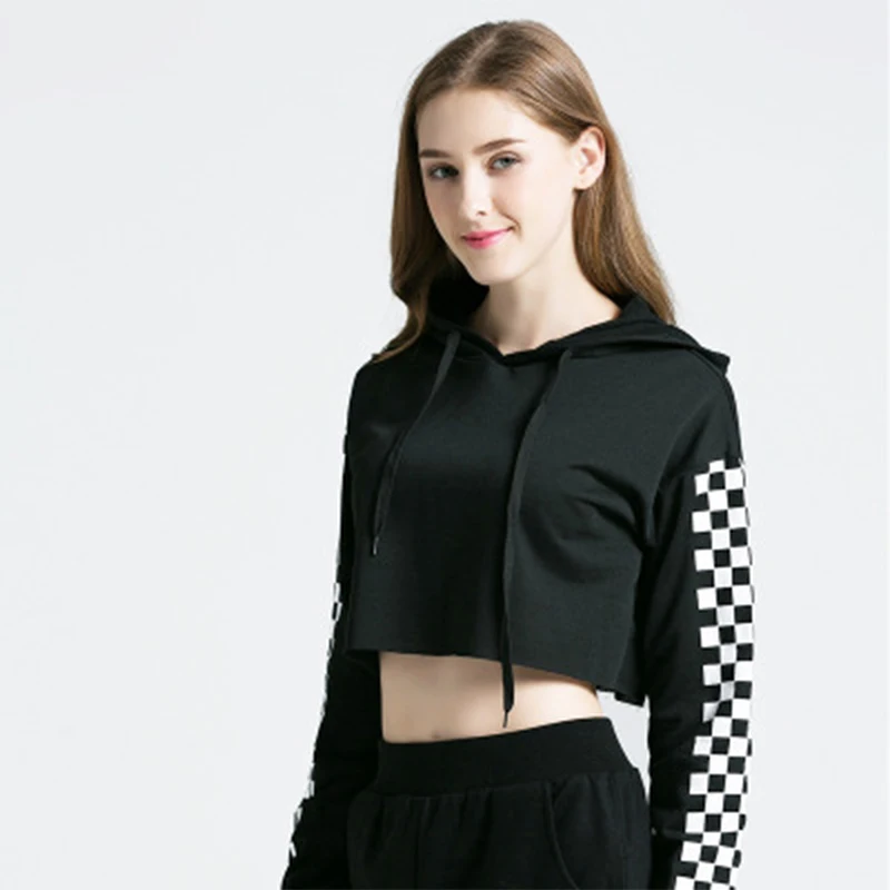 

Casual Tops Plaid Long-sleeved Women's Head Stitching Short Paragraph Navel Ladies Slim Hooded Shirt Women 2019