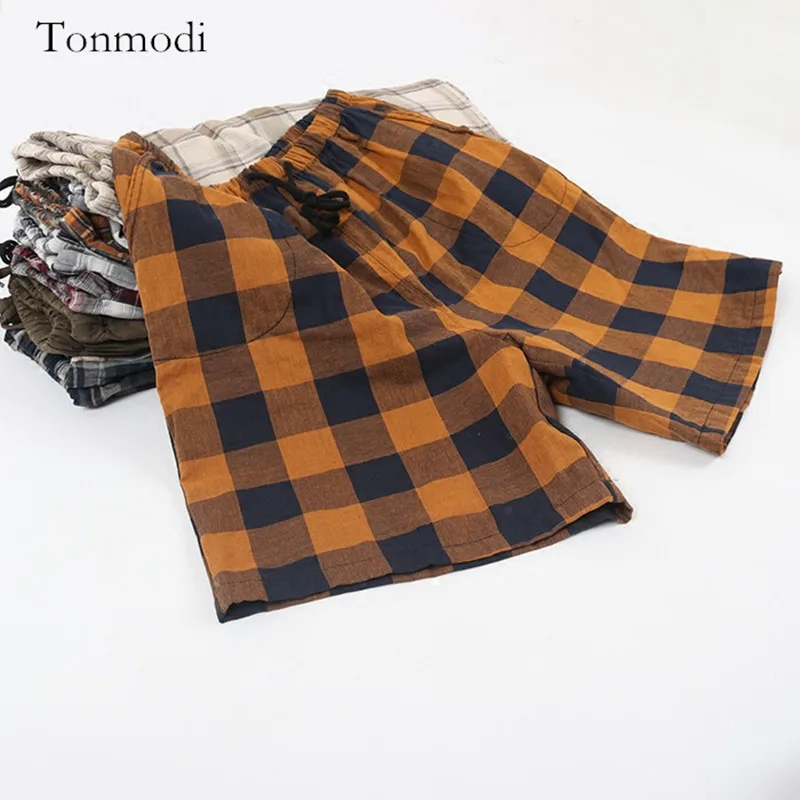 Men's sleep pants Plaid Double layer cotton yarn Loose Comfortable Hot pants Mens pants Sleep Bottoms shorts