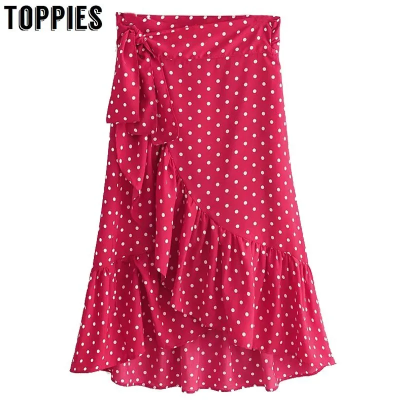 

2019 Polka Dot Ruffles Skirts Lace Up Waist Summer Asymmetrical Midi Skirts High Waist jupe longue femme