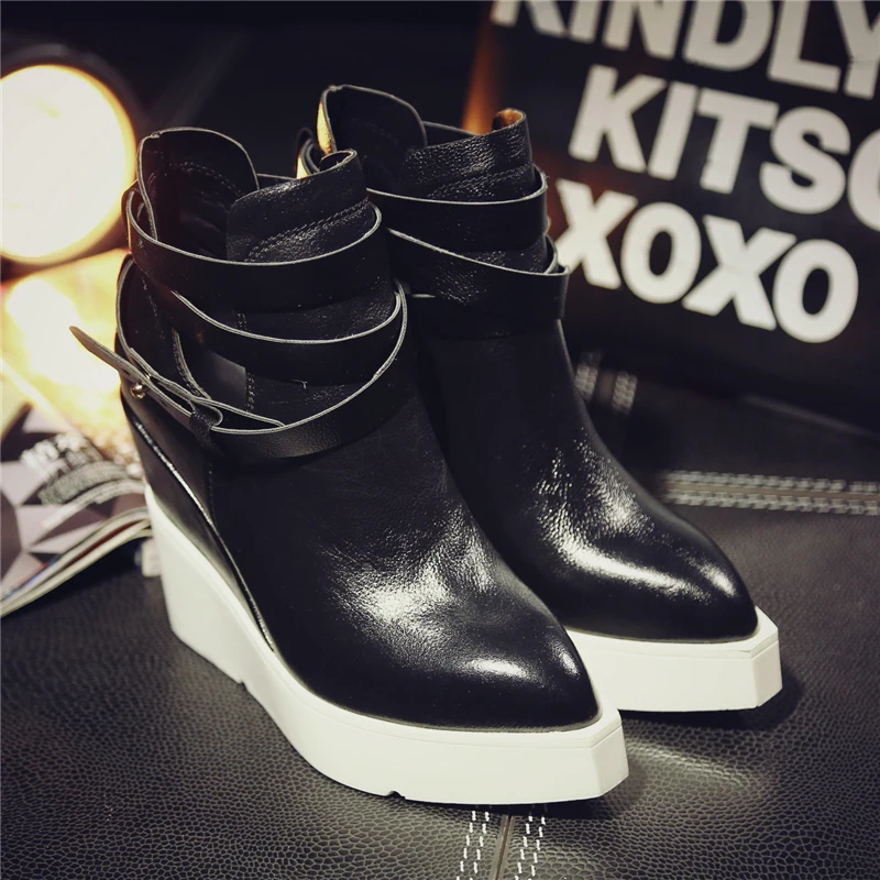 2017 Pointed Toe High Heel Wedge Boots Platform Motorcycle Booties Genuine Leather Spring Autumn New Shoes Free Shipping A6176