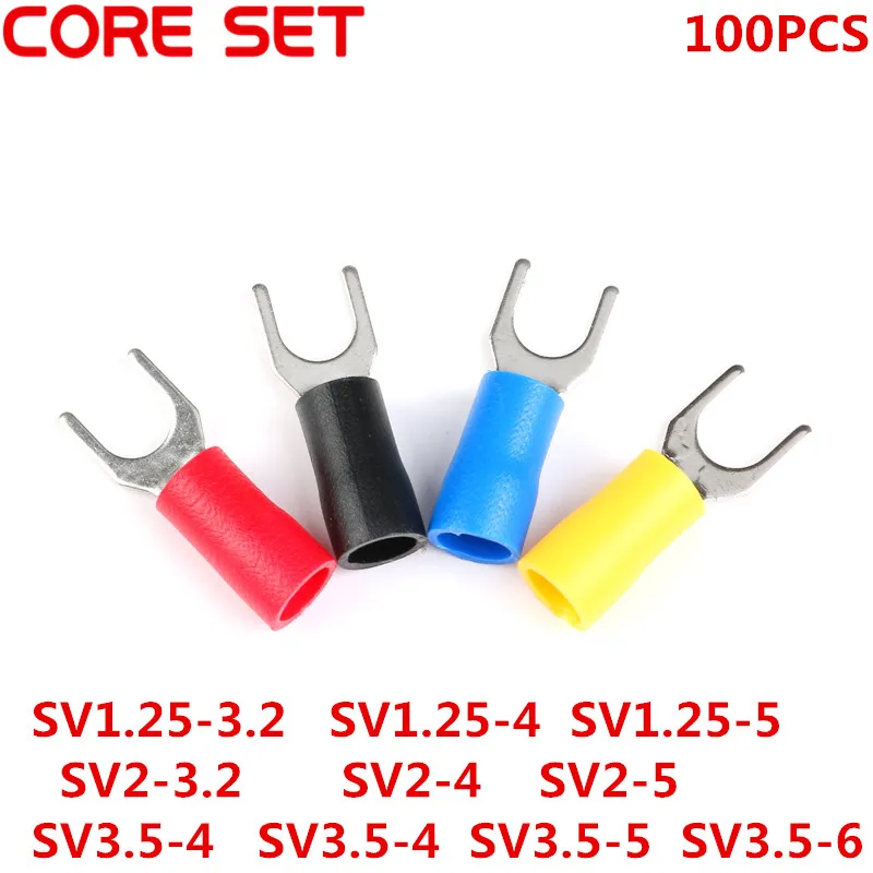 

100PCS 4 Colors Insulated Fork Cable Wire Terminal Connector Assortment Kit Electrical Crimp Terminal SV