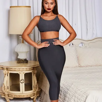 

Women Sexy Summer Hollow Out Bandage Crop Tops Dress Sexy Ladies Sleveless Evening Party Clothes Knited Summer 2 Piece Suits