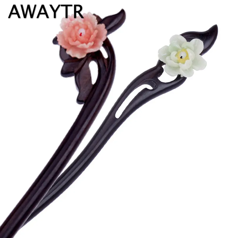 

AWAYTR Vintage Wooden Hair Sticks New Bridal Hair Accessories Red White Crystal Flower Hairclips Wedding Wooden Hairwear