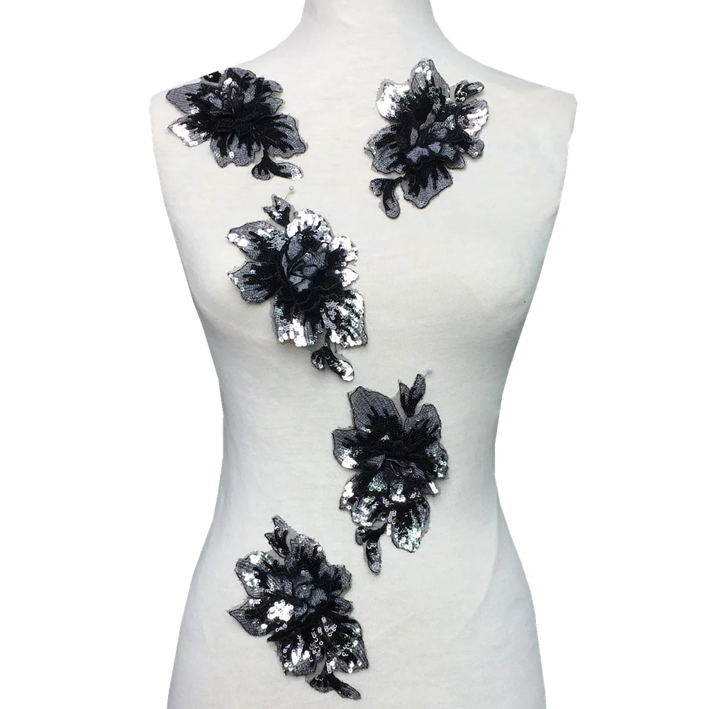 Black Large Floral Flower Beaded Sequined Sew-On Applique Craft Patch Vintage