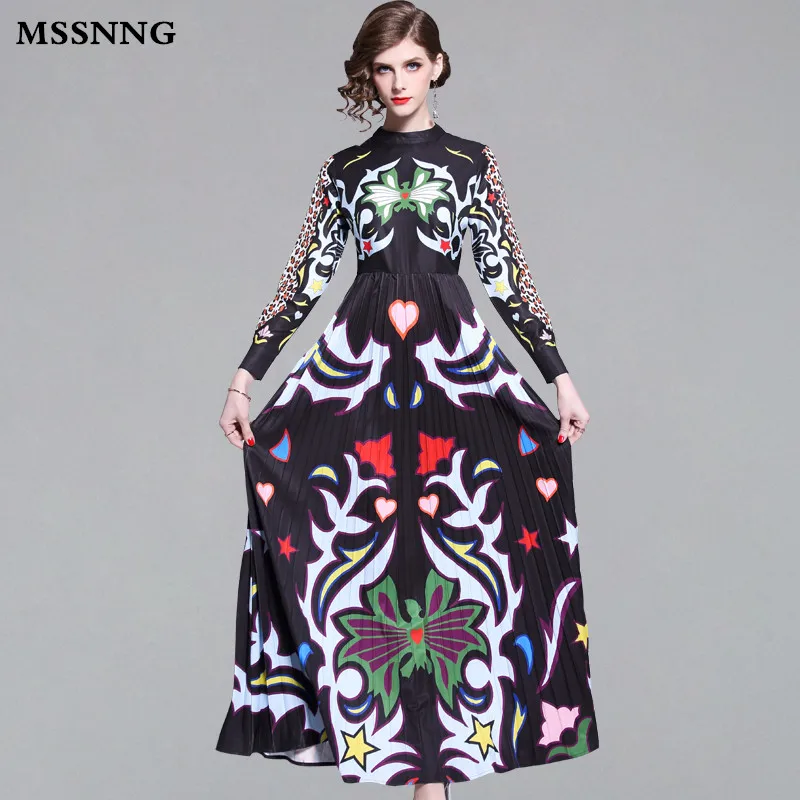 MSSNNG 2019 Spring Print Stand Collar Floor Length Long Dress Women Full Sleeve Leopard Dresses High Waist Pleated Vestidos | Женская