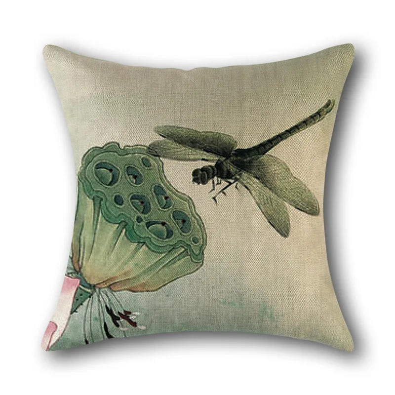 Antique Chinese style hand-painted pen lotus linen 45*45cm pillowcase sofa decoration seat cover pillow car bed cushion cover