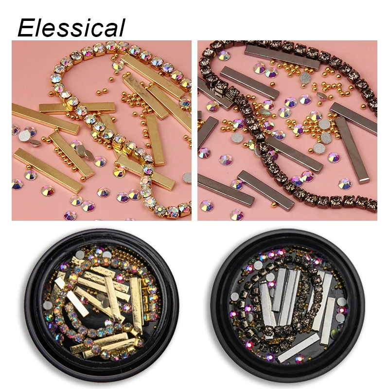 Elessical Mixed Gold Alloy Nail Rivets AB Color Rhinestones Strass Gun