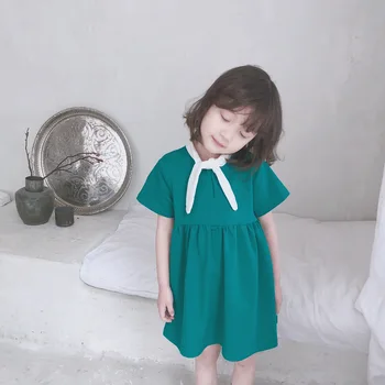 

2018 New Summer Girl Cute Dress Children Preppy Style Korean Dress Kids Short-sleeves Solid Dresses Toddler Vestido Infant 2-7 Y