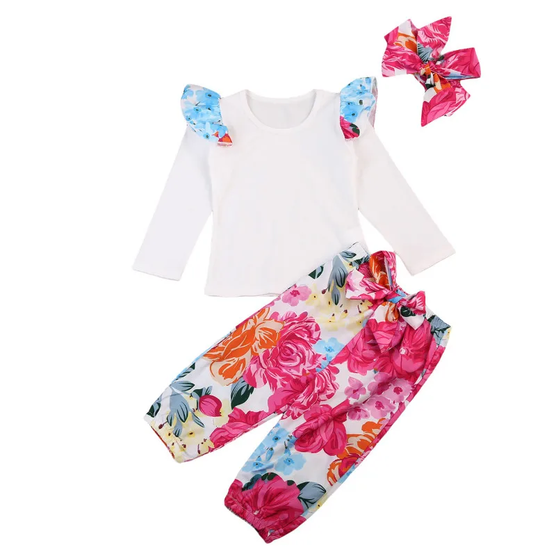 Pudcoco 3Pcs Spring Autumn Baby Kids Girl Bodysuits Red Flower Long