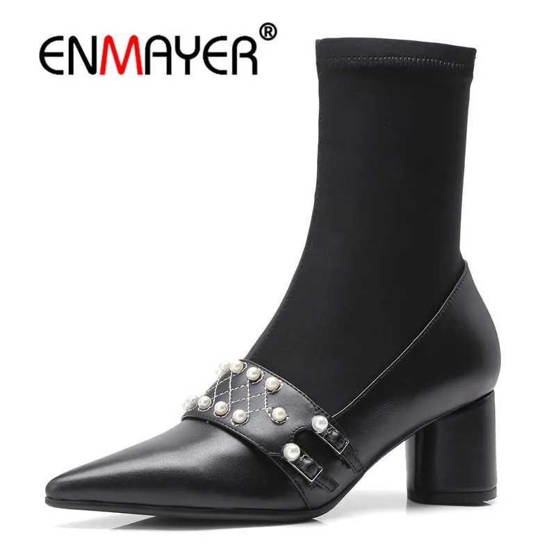 

ENMAYER Cow Leather Woman Ankle boots shoes Winter Causal Square heel Fashion boots Size 34-40 Pointed toe String bead CR1100