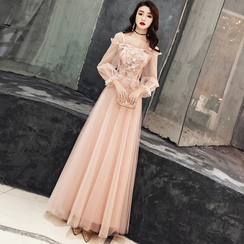 

Pink Bride Wedding Party Dress Womens Slash Neck Cheongsam Noble Elegant Long Qipao Luxury Mesh Robes Clothes Vestido XS-XXXL