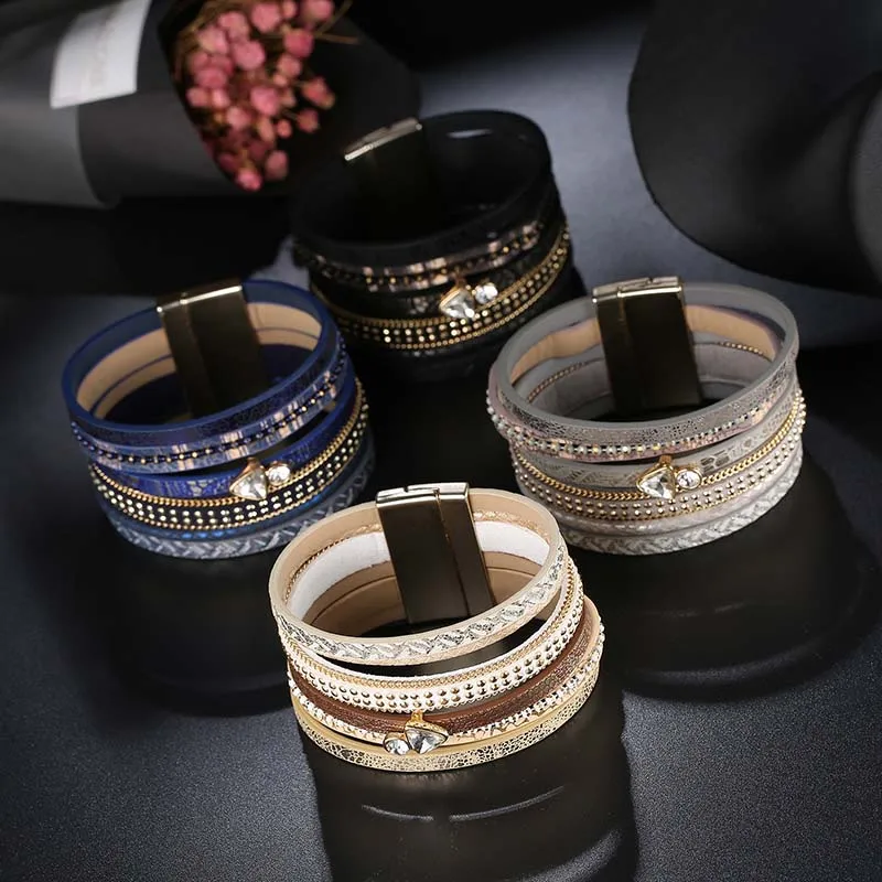 ZG Прозрачный камень кожаный браслет для мужчин женщин Винтаж несколько слоев имитация браслеты со стразами на запястье Feminino ювелирные изделия
