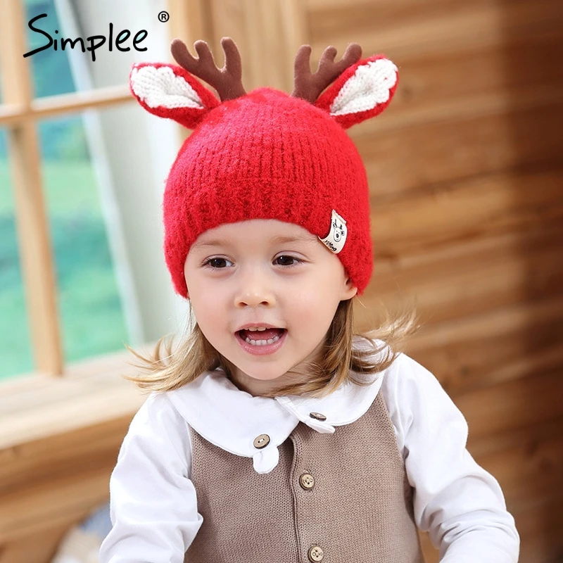Christmas deer antlers design red baby hat Warm knitted kids caps for