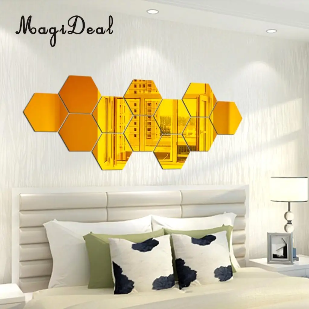 7Pcs 3D Mirror Surface Hexagon Vinyl Removable Sticky Wall Sticker Decal Coffee Cafe Bar Chic Decor Art Mural DIY