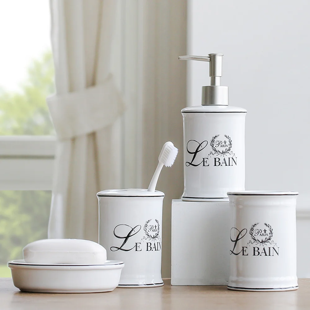 

European Ceramic Bathroom Mouth Cup Toothbrush Holder Soap Dish Lotion Bottle Wash Set Bath Amenities LO728438