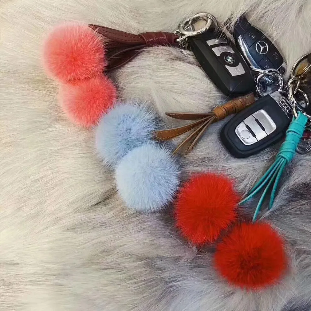 

Glaforny 2019 New Mink Fur Keychain Little Cherry Cute Fur Accessory Bag Pendant Bag Charm Metal Ring