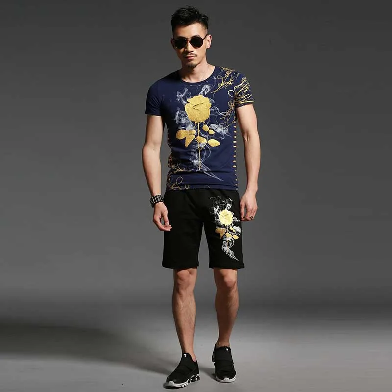 Summer Retro Gilded Rose Floral Two Piece Short Sets Tracksuit Men Tshirt Set with Shorts Half Pants Casual Slim Fit T-shirt Summer Retro Gilded Rose Floral Two Piece Short Sets Tracksuit Men Tshirt Set with Shorts Half Pants Casual Slim Fit T-shirt