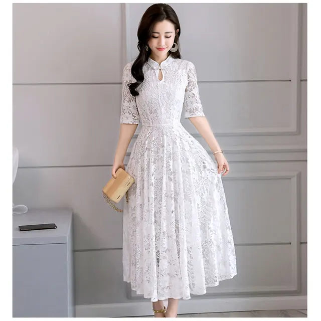 Best Price Large size women's summer new retro collar five point sleeves lace dress solid color long section slim dresses woman party night