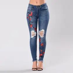 Новинка 2019 года стрейч джинсы с цветочной вышивкой деним для женщин Тощий Карандаш Длинные Джинсовые штаны плюс размеры Узкие рваные