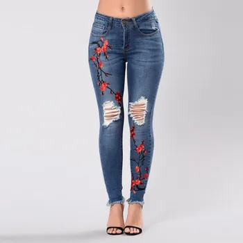 

2020 New Stretch Embroidery Floral Jeans Denim Women Skinny Pencil Long Denim Pants Plus Size Slim Hole Ripped Jeans Trousers